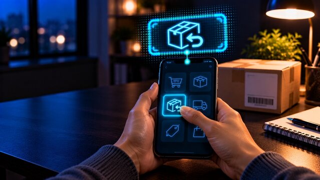Hands using phone to request an online order return