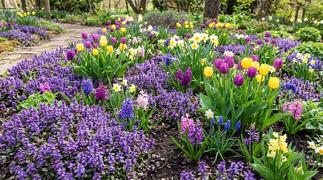 Vibrant spring blossom arrangement featuring bright perennial flora and low growing purple foliage covering the seasonal garden soil spring flowers garden blossom purple floral flora blooming nature