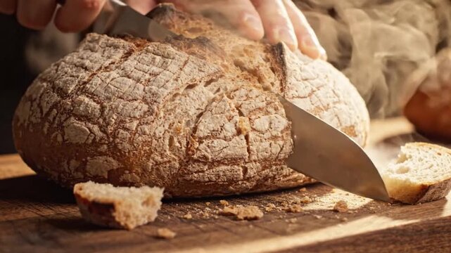 Close-up of a baker slicing fresh rustic artisanal crusty bread with a knife