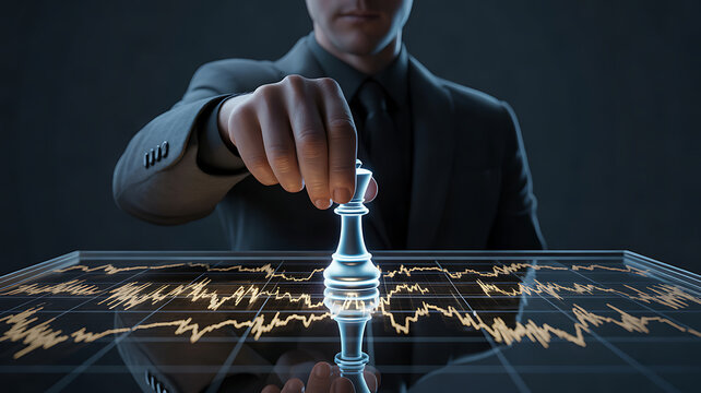 A chess knight stands above a glowing financial chart representing strategic investment decisions piece strategy market analysis stock