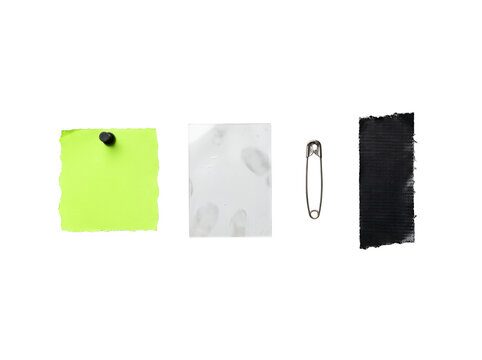 Set of office supplies including neon sticky note thumb tack white paper safety pin and black gaffer tape for stationery design.