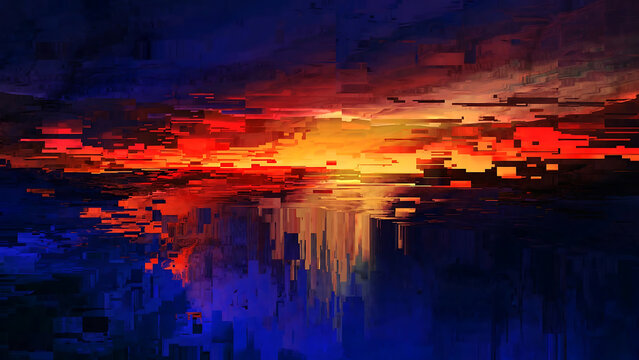 Beautiful sunset reflection on calm water with silhouetted trees and mountains illustration