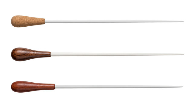 Three musical conductor batons with different handles, including cork, dark wood, and polished brown wood, isolated on a white background
