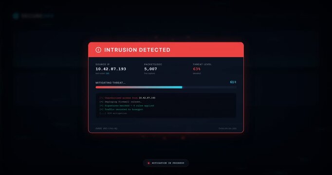Intrusion Detected Alert Screen with IP Address and Log Details on Dark Background