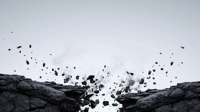 Black and white explosion of debris from a cliff or rock breakage illustration