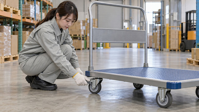 倉庫の台車ブレーキを点検する女性作業員