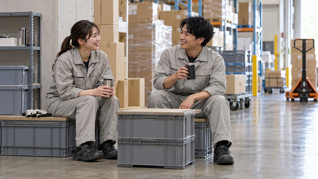 倉庫で休憩しながら談笑する作業員