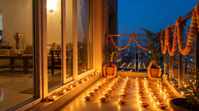 Urban Apartment Balcony Illuminated with Festive Oil Lamps at Twilight