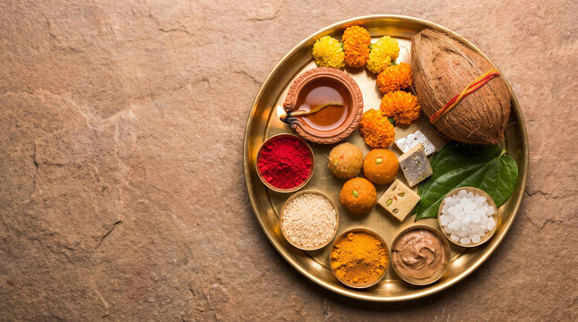 Flat Lay of Indian Diwali Ritual Items and Festive Offerings
