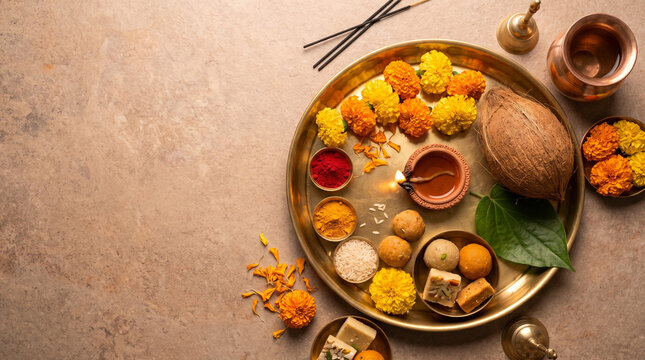 Traditional Diwali Puja Thali with Brass Diya and Marigold Flowers