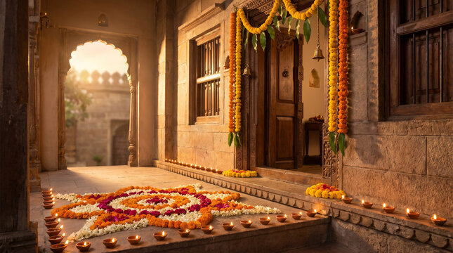 Traditional Indian Home Entrance Decorated for Diwali