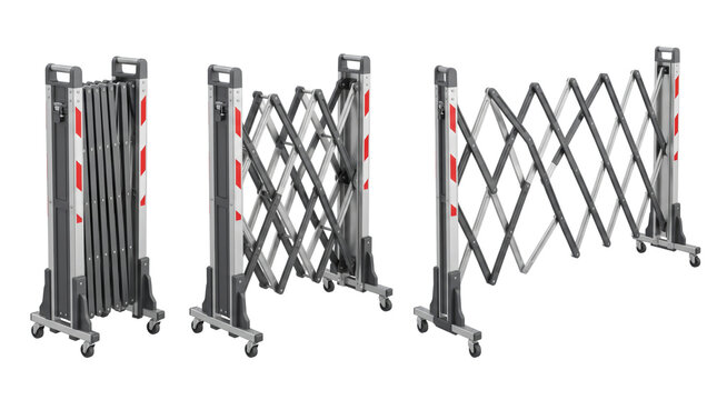 Three portable, expandable metal barricades with red and white striped safety markings, shown in varying degrees of extension on wheels