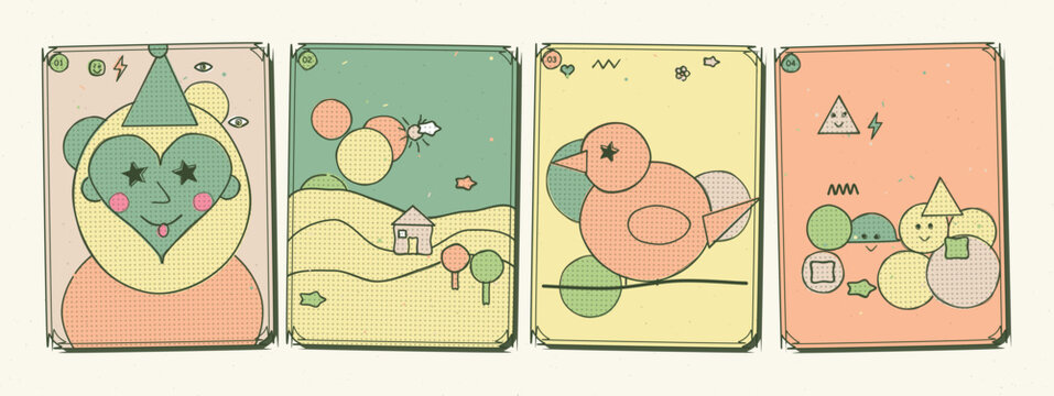 Set of four whimsical illustrations featuring colorful