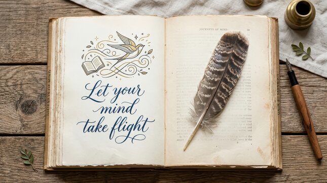Open antique book with feather quill and inspirational quote 'Let your mind take flight'
