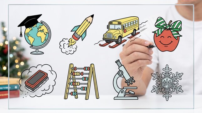 Hands interacting with icons of a graduation globe, pencil rocket, skiing school bus and apple with bow, teacher gift and winter school break at Christmas