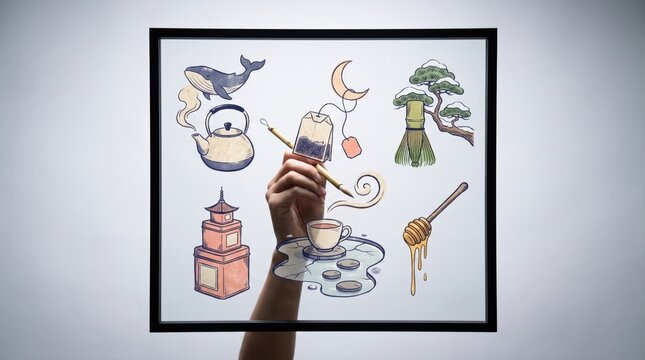 Hands interacting with icons of a whale, tea kettle, tea bag, moon, bamboo whisk, pagoda, tea cup and honey dipper, calm winter tea time and tea gifts for Christmas