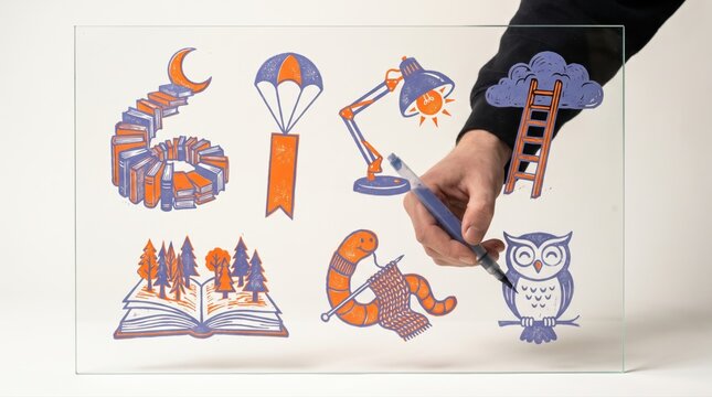 Hands interacting with icons of a book spiral, parachute, lamp, cloud ladder, forest book, knitting worm and owl, imaginative storytelling and Christmas reading