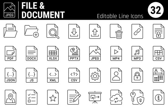 File Management and Document Icons. Editable Line Icon Set