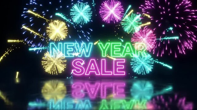 New Year Sale retail discount promo neon text colorful fireworks reflection motion graphic loop
