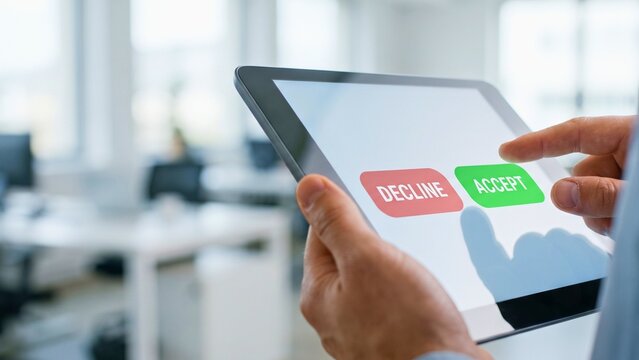 Accept or decline decision on tablet for business management representing approval choices, request response and digital workflow authorization solution in modern offices