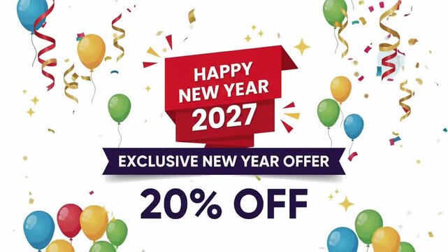 Happy New Year 2027 Exclusive Offer 20% Off sale discount promo balloons fireworks confetti motion graphic loop
