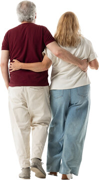 Mature partners walking away with arms around each other on transparent background. Retirement planning, lasting relationships concept.