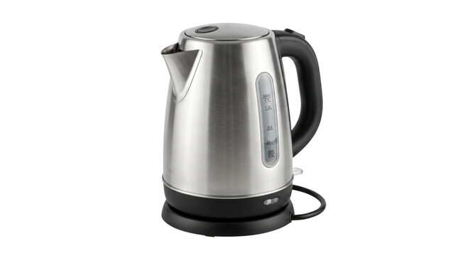 Modern stainless steel electric kettle isolated on white background, brushed metal water boiler, kitchen appliance