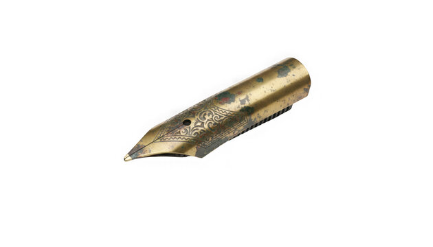 Antique brass fountain pen nib with intricate engraved scrollwork patterns, isolated on a white background, close up view of writing tool
