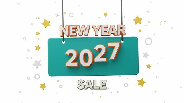 New Year 2027 Sale hanging sign retail discount promo 3d text white background motion graphic loop
