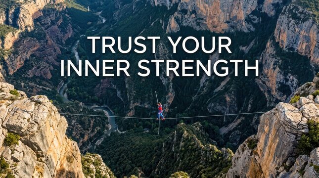 Person balancing on a tightrope high above a vast canyon, symbolizing inner strength and trust