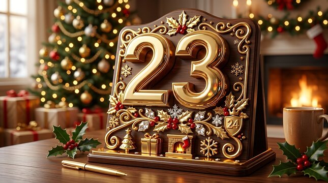 Glossy three dimensional calendar featuring golden metallic twenty third daydecember dates typography symbols representing annual winter schedule planning agenda reminder and holiday event