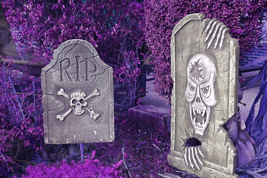 Surreal eerie dark cemetery scene in eerie violet and silver tones, gothic background