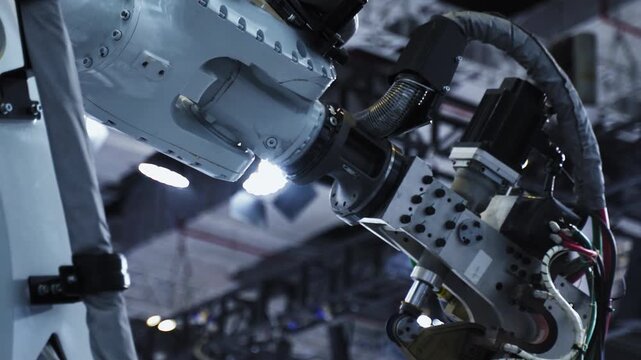 Industrial robot arm automatically welds a car body on a modern automated production line