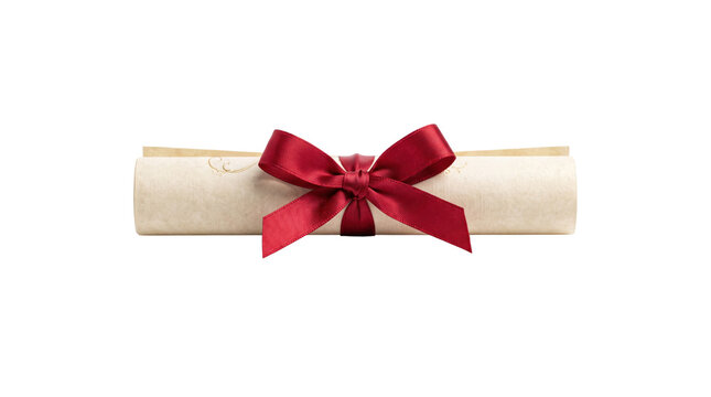 Vintage rolled diploma parchment paper with red satin bow, elegant graduation degree scroll, official certificate isolated on white background