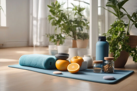 Blue mat on clean floor in wellness space