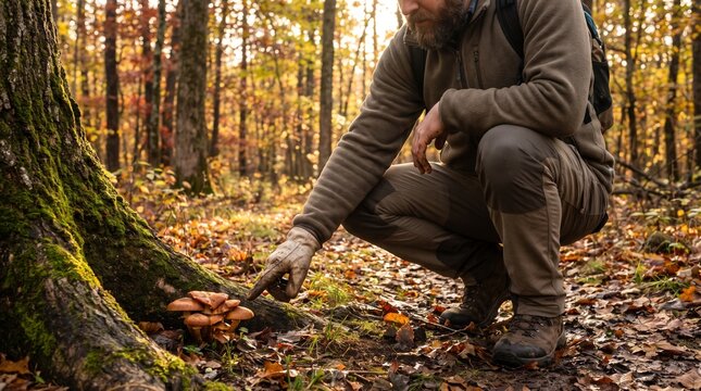 Man examining wild mushrooms at the base of a tree in autumn forest  