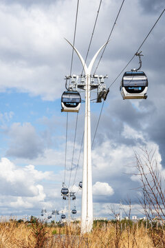 Limeil-Brevannes, France - Sep. 16, 2026: Cabins, cables and pylons of the Line 1 of the Ile-de-France cable car, called Cable 1 or C1, opened in 2025 in the suburbs of Paris.