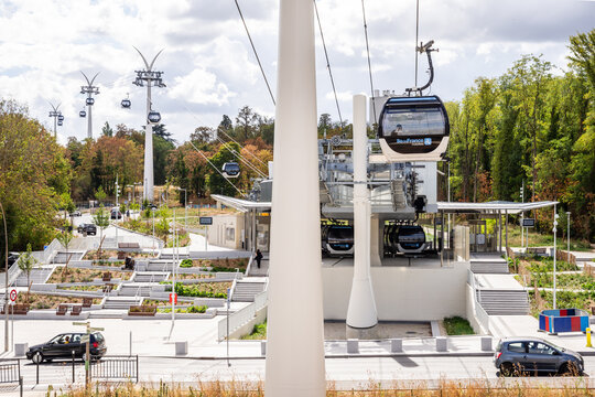 Limeil-Brevannes, France - Sep. 16, 2026: A cabin arrives at the Valenton station on the Line 1 of the Ile-de-France cable car, also called Cable 1 or C1, opened in 2025 in the suburbs of Paris.