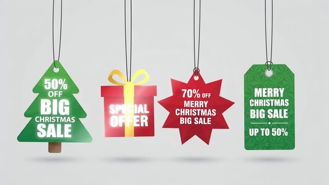 Big Christmas Sale 50% 70% Off special offer retail discount promo hanging tags motion graphic loop
