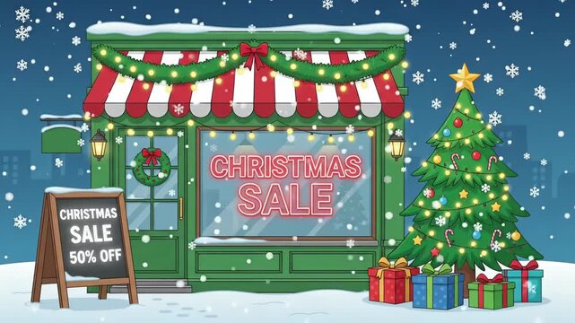 Christmas Sale 50% Off retail discount promo holiday shopping storefront snowy winter landscape animation loop
