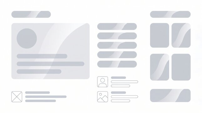 Minimalist gray wireframe layout with profile card and grid elements