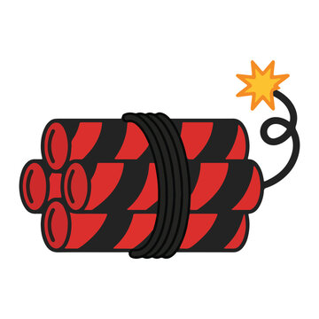 Red and black dynamite bundle with burning fuse and spark on white background