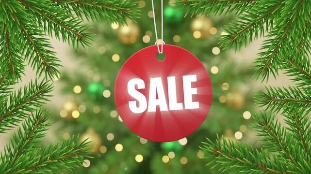 Sale red hanging tag retail discount holiday promo green pine branches blurred bokeh motion graphic loop
