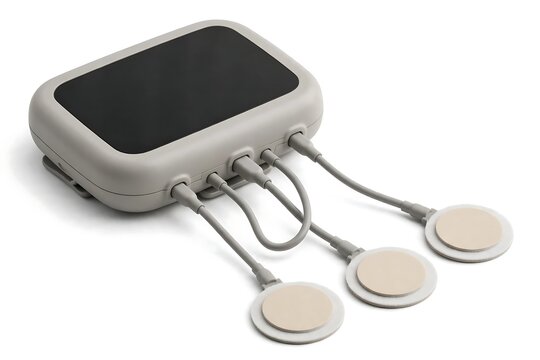 Medical device for heart monitoring with three electrode sensors attached to a portable digital unit isolated on white background
