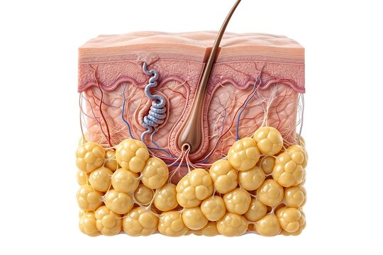 Crosssection of human skin showing epidermis, dermis, hair follicle, and subcutaneous fat layer isolated on white background