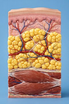 Anatomical model of human skin layers showing epidermis, dermis, subcutaneous fat tissue, and underlying muscle structure