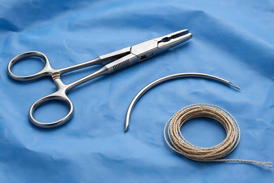 Surgical needle holder with a curved needle and a spool of suture thread on a blue sterile surgical drape