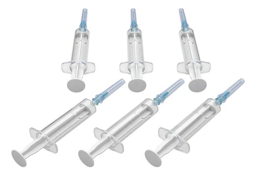 Set of six empty medical syringes with needles isolated on white background