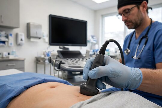 Doctor performing an abdominal ultrasound examination on a patient in a modern medical clinic