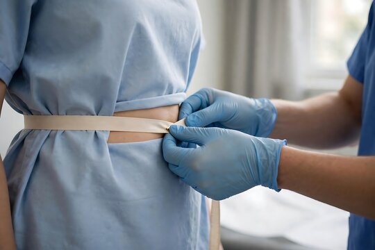 Medical professional measuring patient waist circumference with a tape measure during a health checkup
